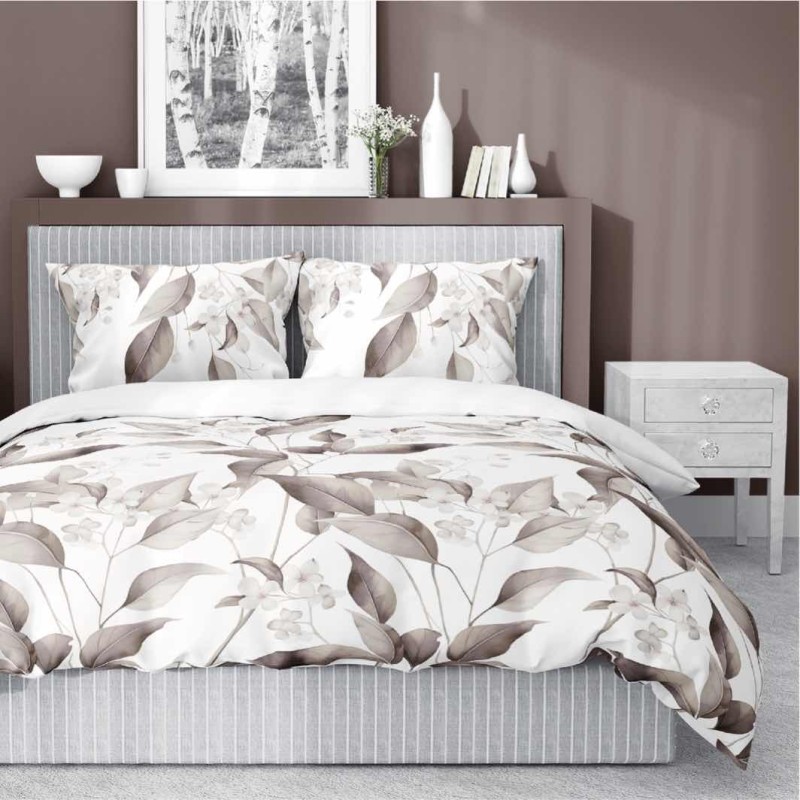 Pościel satynowa 220x200 Home Satin 410 beżowa brązowe liście-1