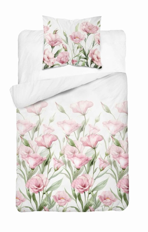 Pościel satynowa 140x200 Home Satin 41 biała różowe kwiaty-2