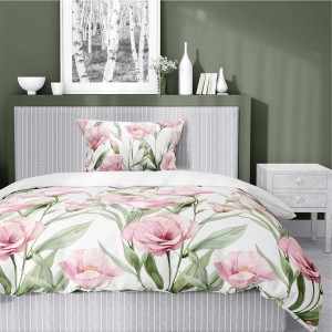Pościel satynowa 140x200 Home Satin 41 biała różowe kwiaty-1