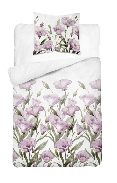 Pościel satynowa 140x200 Home Satin 41 biała fioletowe kwiaty-2