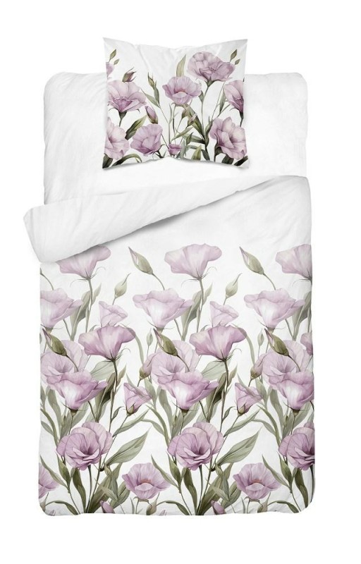 Pościel satynowa 140x200 Home Satin 41 biała fioletowe kwiaty-2