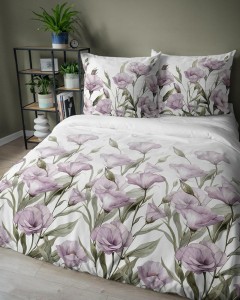 Pościel satynowa 220x200 Home Satin 410 biała fioletowe kwiaty-4