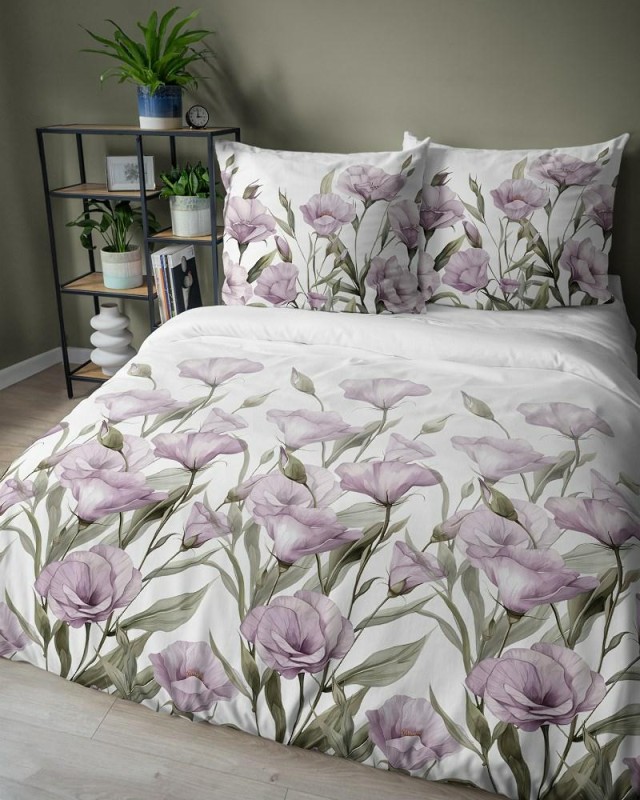 Pościel satynowa 220x200 Home Satin 410 biała fioletowe kwiaty-4