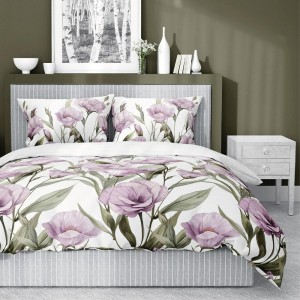 Pościel satynowa 220x200 Home Satin 410 biała fioletowe kwiaty-1