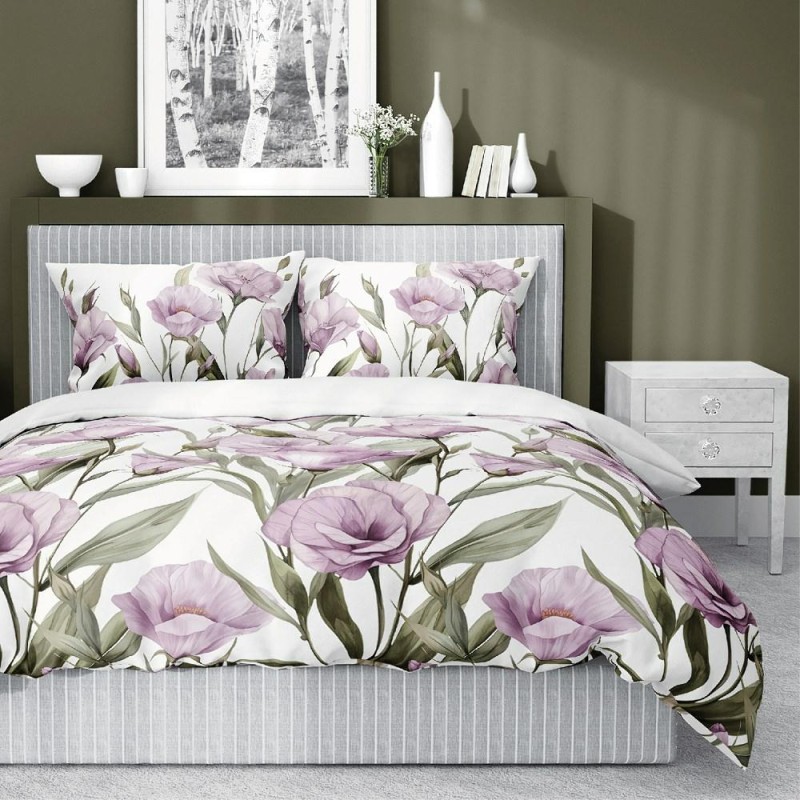 Pościel satynowa 220x200 Home Satin 410 biała fioletowe kwiaty-1