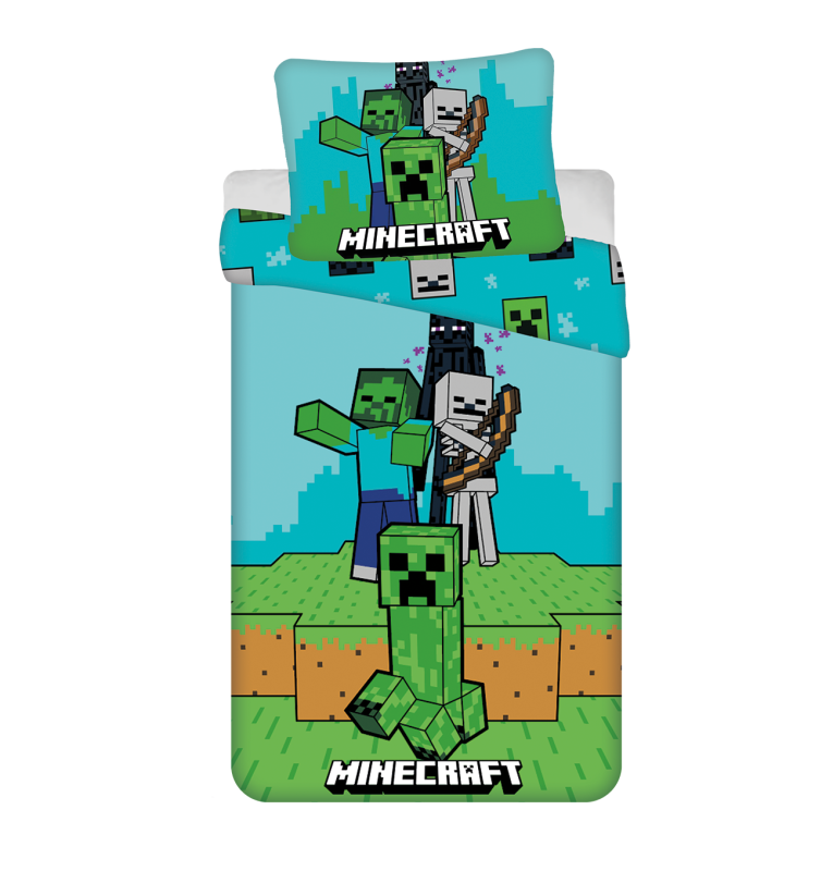 37231Pościel bawełniana 140x200 Minecraft Mobs Here niebieska zielona poszewka 70x90 JF 02-1
