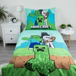 37231Pościel bawełniana 140x200 Minecraft Mobs Here niebieska zielona poszewka 70x90 JF 02-2