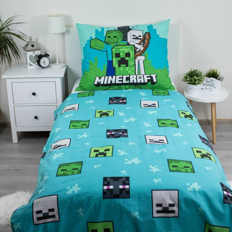 37231Pościel bawełniana 140x200 Minecraft Mobs Here niebieska zielona poszewka 70x90 JF 02-3