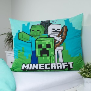 37231Pościel bawełniana 140x200 Minecraft Mobs Here niebieska zielona poszewka 70x90 JF 02-5