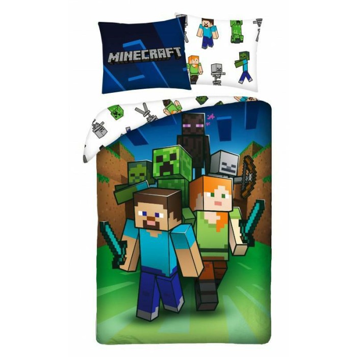 37232Pościel bawełniana 160x200 Minecraft zielona poszewka 70x80 9931 Halantex-1