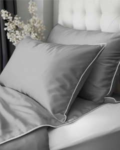 Pościel satynowa 140x200 Mako Satin 62 szara jasna z lamówką-1
