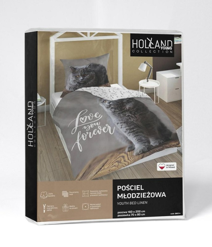 37315Pościel bawełniana 140x200 kotek szary 3863 A poszewka 70x80 panelowa 92-4