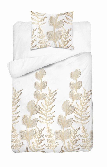 37341Pościel satynowa 140x200 Biała w złoto-beżowe liście – elegancki wzór, 100% bawełna 5477 B - Home Satin 71-1