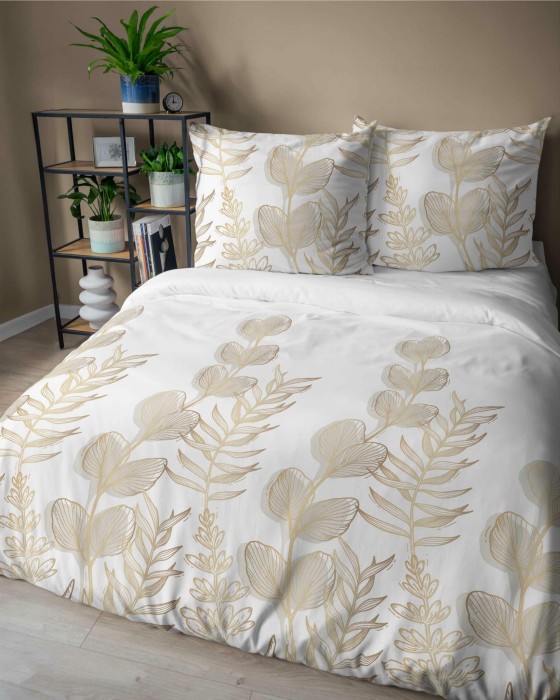 37341Pościel satynowa 140x200 Biała w złoto-beżowe liście – elegancki wzór, 100% bawełna 5477 B - Home Satin 71-2