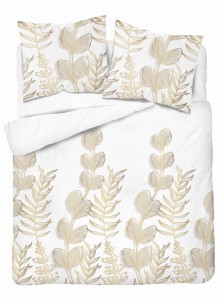 Pościel satynowa 160x200 Home Satin 71 Biała w złoto-beżowe liście-2