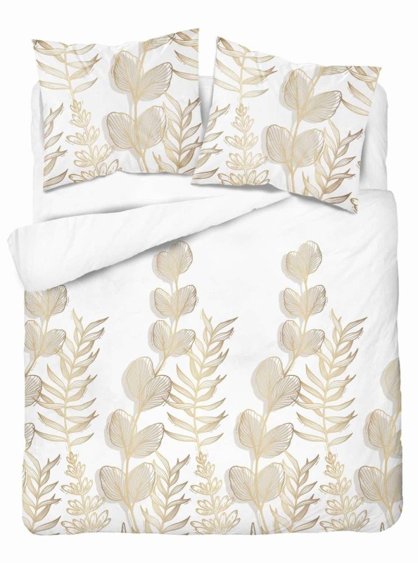 Pościel satynowa 160x200 Home Satin 71 Biała w złoto-beżowe liście-2