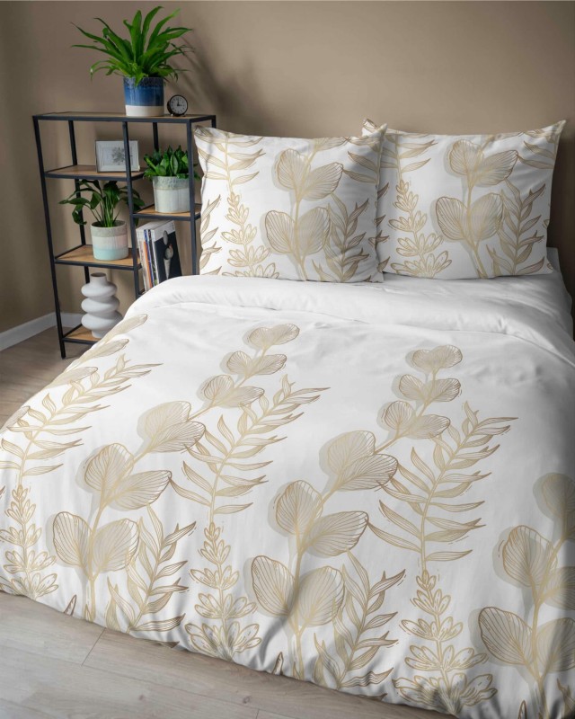 Pościel satynowa 160x200 Home Satin 71 Biała w złoto-beżowe liście-3