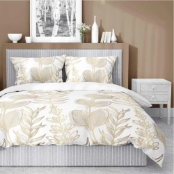 Pościel satynowa 160x200 Home Satin 71 Biała w złoto-beżowe liście