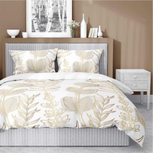 Pościel satynowa 160x200 Home Satin 71 Biała w złoto-beżowe liście-1