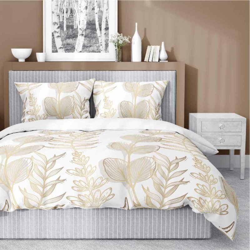 Pościel satynowa 160x200 Home Satin 71 Biała w złoto-beżowe liście-1