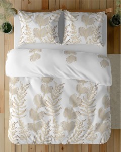 Pościel satynowa 160x200 Home Satin 71 Biała w złoto-beżowe liście-4