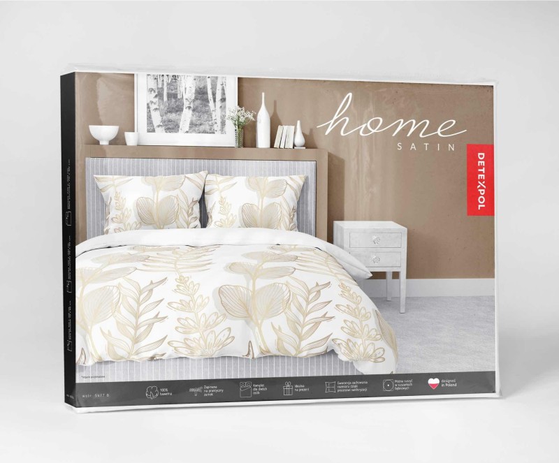 Pościel satynowa 160x200 Home Satin 71 Biała w złoto-beżowe liście-5