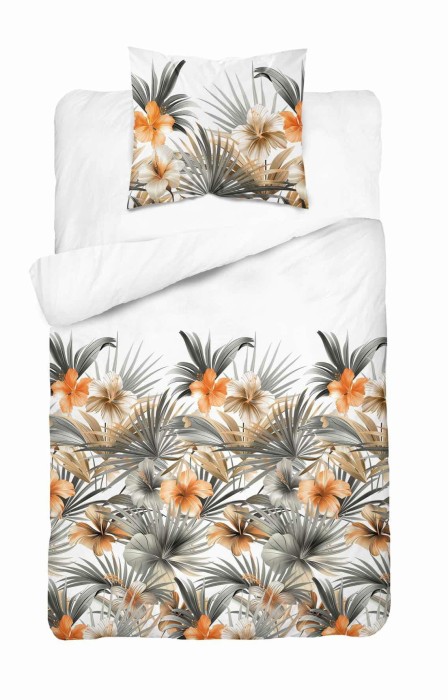 37350Pościel satynowa 140x200 Biała w pomarańczowe kwiaty i palmy – styl tropikalny, 100% bawełna - 5479 A - Home Satin 71-1