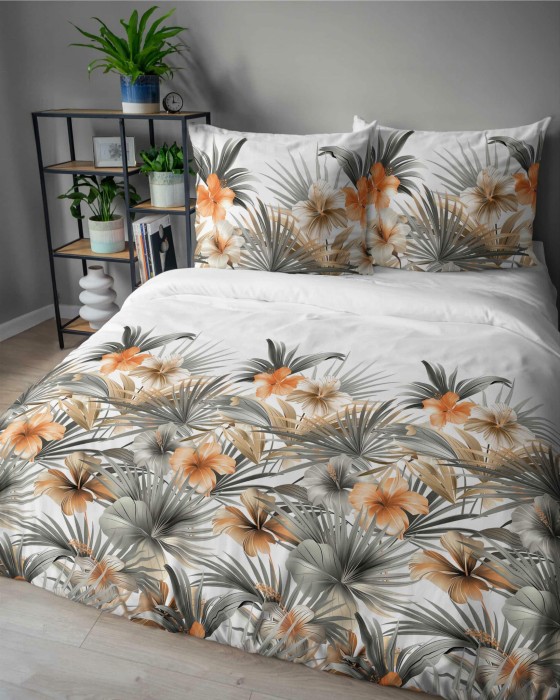 37350Pościel satynowa 140x200 Biała w pomarańczowe kwiaty i palmy – styl tropikalny, 100% bawełna - 5479 A - Home Satin 71-2