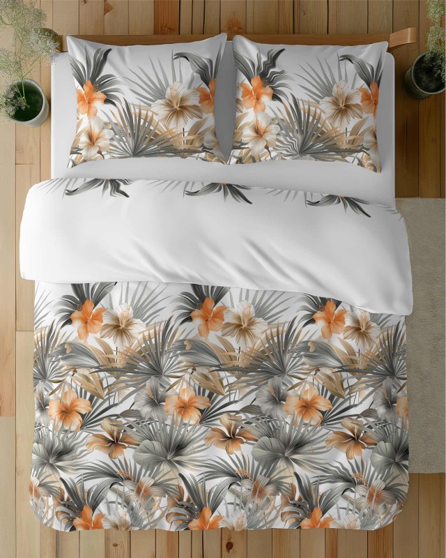 37350Pościel satynowa 140x200 Biała w pomarańczowe kwiaty i palmy – styl tropikalny, 100% bawełna - 5479 A - Home Satin 71-3