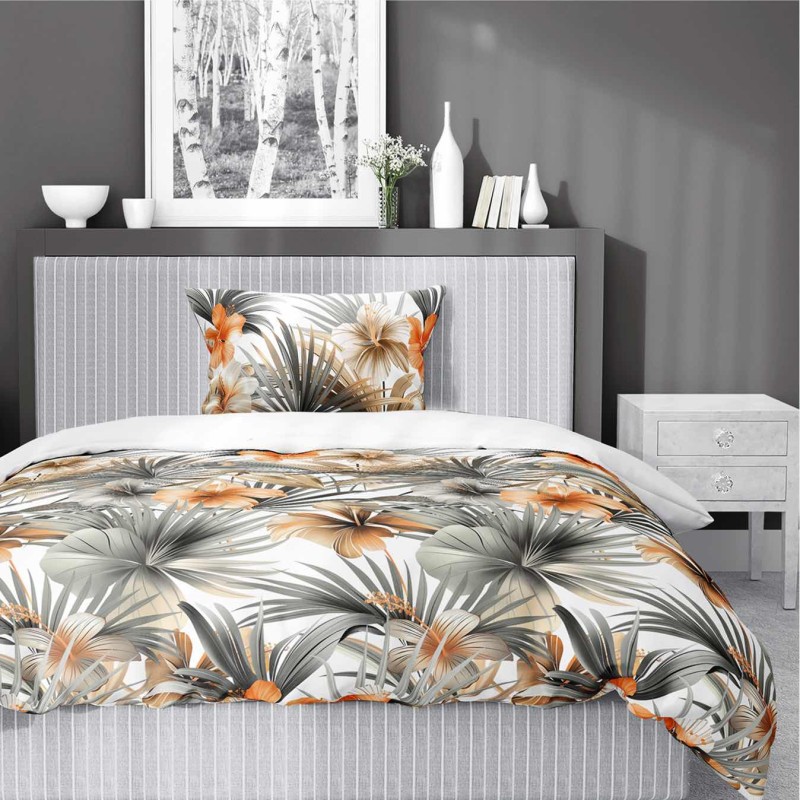 37350Pościel satynowa 140x200 Biała w pomarańczowe kwiaty i palmy – styl tropikalny, 100% bawełna - 5479 A - Home Satin 71-4