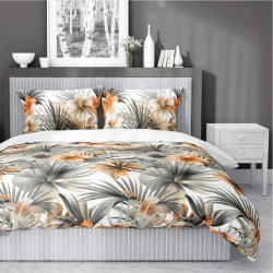 Pościel satynowa 160x200 Home Satin 71 biała w pomarańczowe kwiaty i palmy