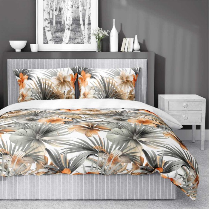 Pościel satynowa 160x200 Home Satin 71 biała w pomarańczowe kwiaty i palmy-1