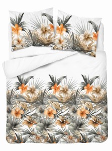 37352Pościel satynowa 220x200 Biała w pomarańczowe kwiaty i palmy – styl tropikalny, 100% bawełna - 5479 A - Home Satin 71-1