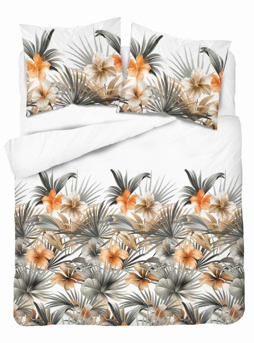 37352Pościel satynowa 220x200 Biała w pomarańczowe kwiaty i palmy – styl tropikalny, 100% bawełna - 5479 A - Home Satin 71-1