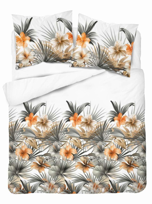 37352Pościel satynowa 220x200 Biała w pomarańczowe kwiaty i palmy – styl tropikalny, 100% bawełna - 5479 A - Home Satin 71-1