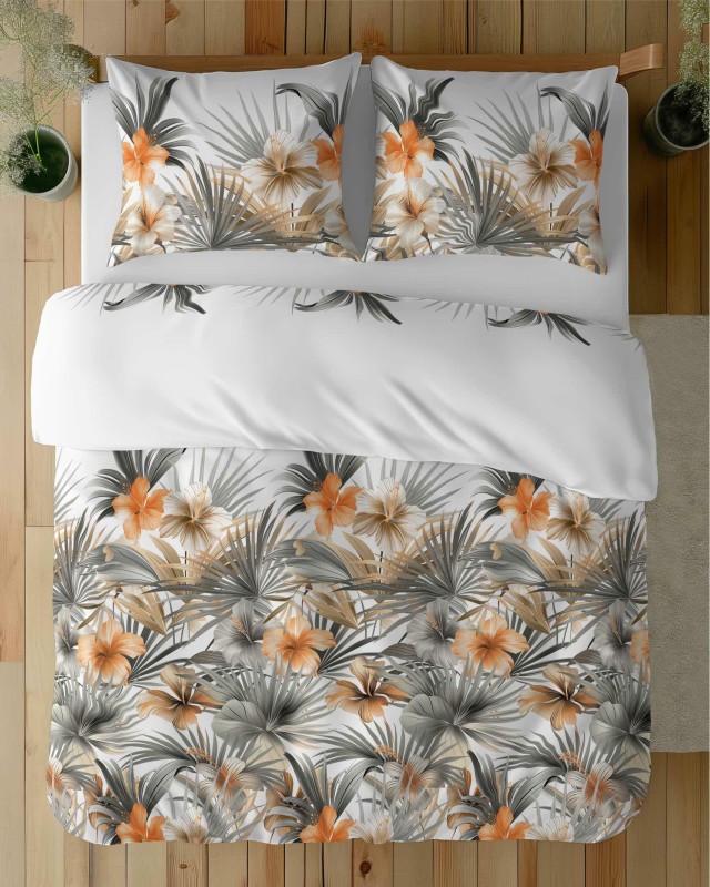 37352Pościel satynowa 220x200 Biała w pomarańczowe kwiaty i palmy – styl tropikalny, 100% bawełna - 5479 A - Home Satin 71-4