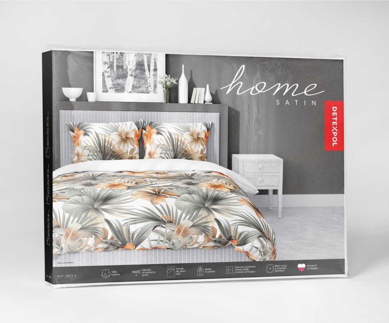 37352Pościel satynowa 220x200 Biała w pomarańczowe kwiaty i palmy – styl tropikalny, 100% bawełna - 5479 A - Home Satin 71-5