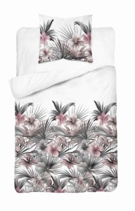 37353Pościel satynowa 140x200 Biała z liśćmi palmowymi i różowymi hibiskusami – styl tropikalny, 100% bawełna - 5479 B - Home Satin 71-1