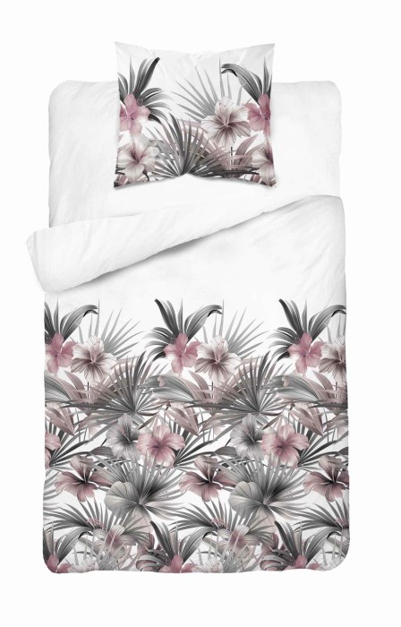 37353Pościel satynowa 140x200 Biała z liśćmi palmowymi i różowymi hibiskusami – styl tropikalny, 100% bawełna - 5479 B - Home Satin 71-1