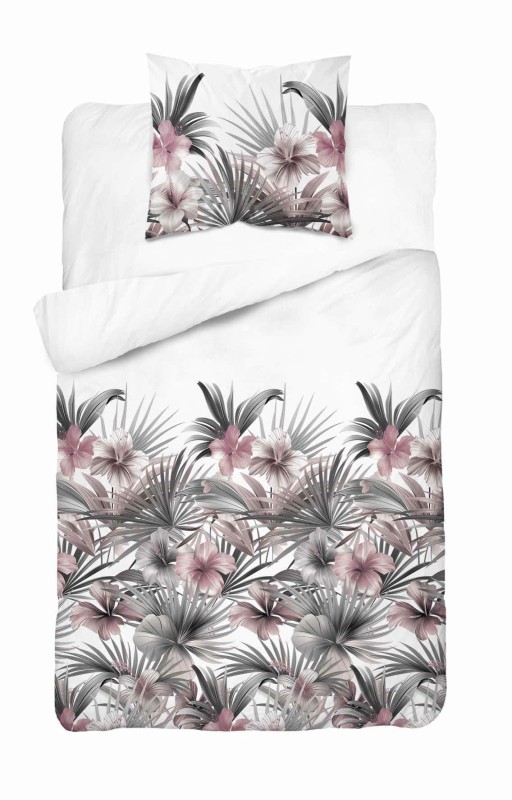 37353Pościel satynowa 140x200 Biała z liśćmi palmowymi i różowymi hibiskusami – styl tropikalny, 100% bawełna - 5479 B - Home Satin 71-1