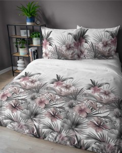 37353Pościel satynowa 140x200 Biała z liśćmi palmowymi i różowymi hibiskusami – styl tropikalny, 100% bawełna - 5479 B - Home Satin 71-2