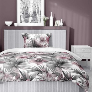 37353Pościel satynowa 140x200 Biała z liśćmi palmowymi i różowymi hibiskusami – styl tropikalny, 100% bawełna - 5479 B - Home Satin 71-3