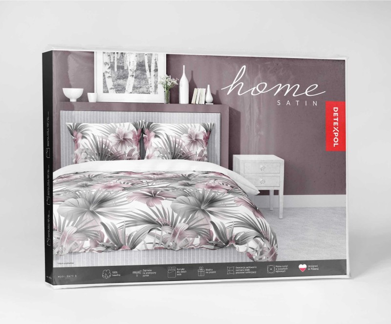 37353Pościel satynowa 140x200 Biała z liśćmi palmowymi i różowymi hibiskusami – styl tropikalny, 100% bawełna - 5479 B - Home Satin 71-5