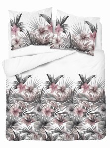 37355Pościel satynowa 220x200 Biała z liśćmi palmowymi i różowymi hibiskusami – styl tropikalny, 100% bawełna - 5479 B - Home Satin 71-1