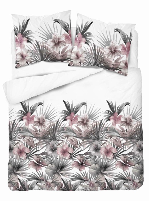 37355Pościel satynowa 220x200 Biała z liśćmi palmowymi i różowymi hibiskusami – styl tropikalny, 100% bawełna - 5479 B - Home Satin 71-1