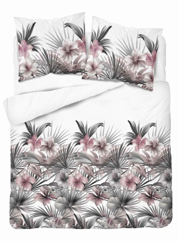 37355Pościel satynowa 220x200 Biała z liśćmi palmowymi i różowymi hibiskusami – styl tropikalny, 100% bawełna - 5479 B - Home Satin 71-1