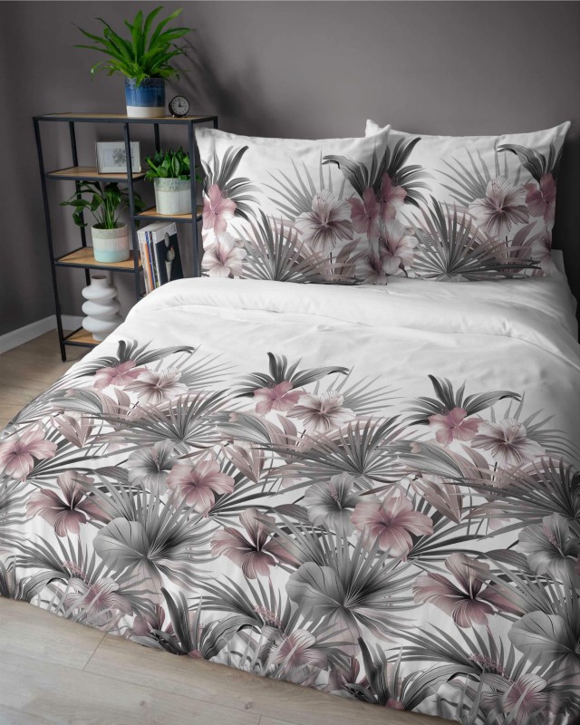 37355Pościel satynowa 220x200 Biała z liśćmi palmowymi i różowymi hibiskusami – styl tropikalny, 100% bawełna - 5479 B - Home Satin 71-2