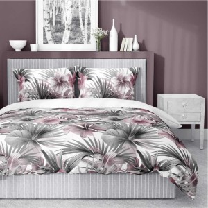 37355Pościel satynowa 220x200 Biała z liśćmi palmowymi i różowymi hibiskusami – styl tropikalny, 100% bawełna - 5479 B - Home Satin 71-3