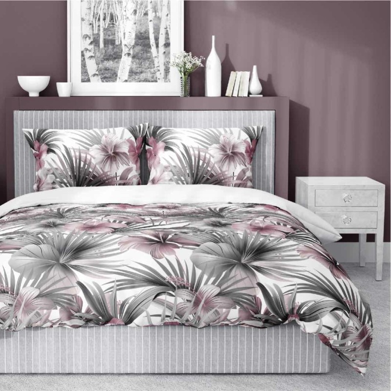37355Pościel satynowa 220x200 Biała z liśćmi palmowymi i różowymi hibiskusami – styl tropikalny, 100% bawełna - 5479 B - Home Satin 71-3