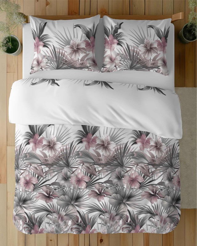 37355Pościel satynowa 220x200 Biała z liśćmi palmowymi i różowymi hibiskusami – styl tropikalny, 100% bawełna - 5479 B - Home Satin 71-4